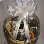 A gift basket filled with chocolates and wine.